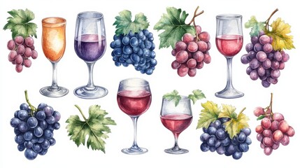 Fototapeta premium Wine glasses, wine and grapes set. White background. Watercolor illustrations