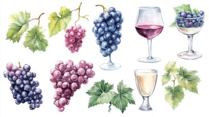 Fototapeta premium Wine glasses, wine and grapes set. White background. Watercolor illustrations