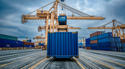 Global Trade in Motion A Cargo Container Being Lifted by a Crane Against Symbolizing the Vital Role of Transportation and Logistics in International Commerce