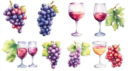 Obraz premium Wine glasses, wine and grapes set. White background. Watercolor illustrations