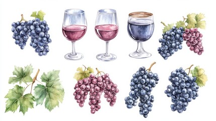 Obraz premium Wine glasses, wine and grapes set. White background. Watercolor illustrations