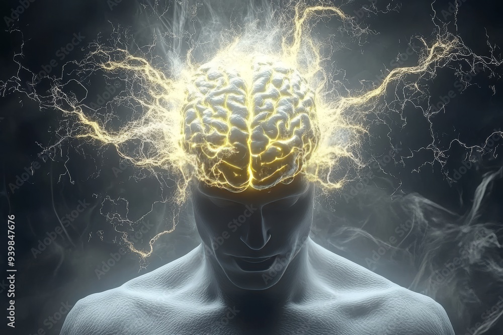 Poster human head with a glowing brain symbolizing mental power cognition and advanced thinking set against