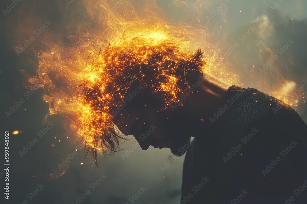 Poster silhouette of a person with an exploding head symbolizing intense emotions stress and the power of t