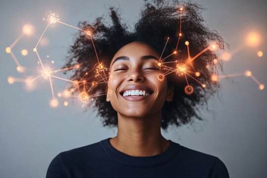 Smiling woman with afro hairstyle surrounded by glowing neural connections symbolizing joy creativity and the power of diverse thought in a vibrant modern setting