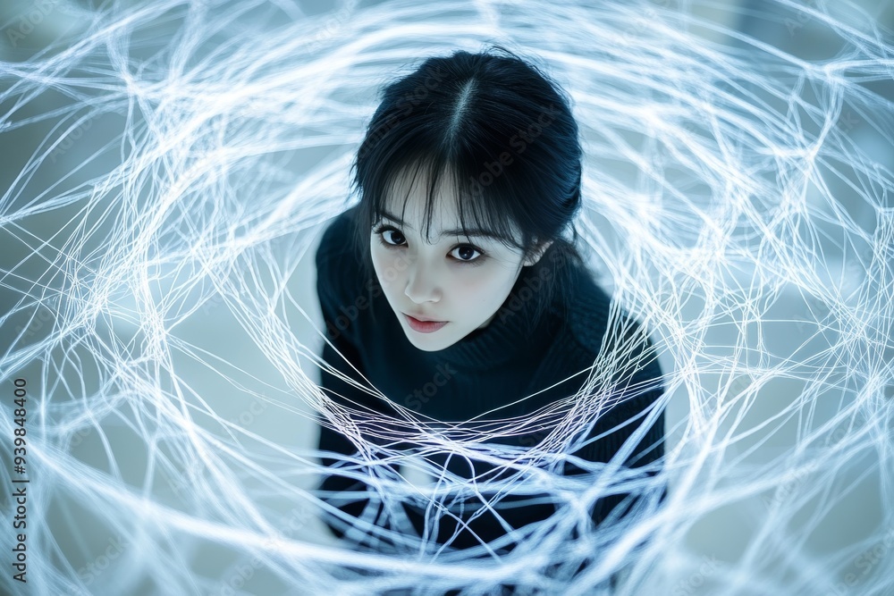 Poster woman in a dark setting surrounded by swirling white light symbolizing introspection thought and the