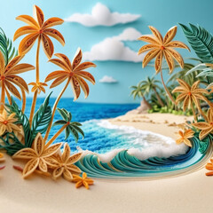 Serene beach scene with gentle waves, sandy shoreline, and palm trees casting shadows. The bright colors and soft brushstrokes create peaceful atmosphere. Generated AI. Sunny beach holidays travel