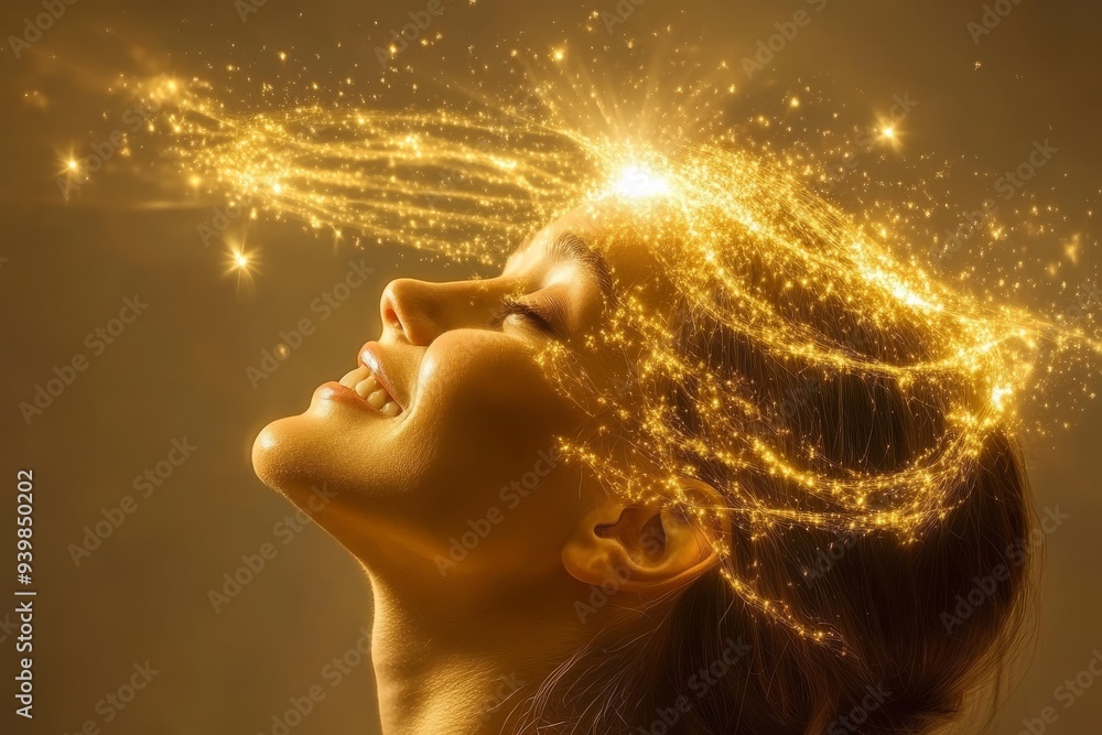 Poster woman smiling in a futuristic setting surrounded by a glowing neural network symbolizing joy positiv