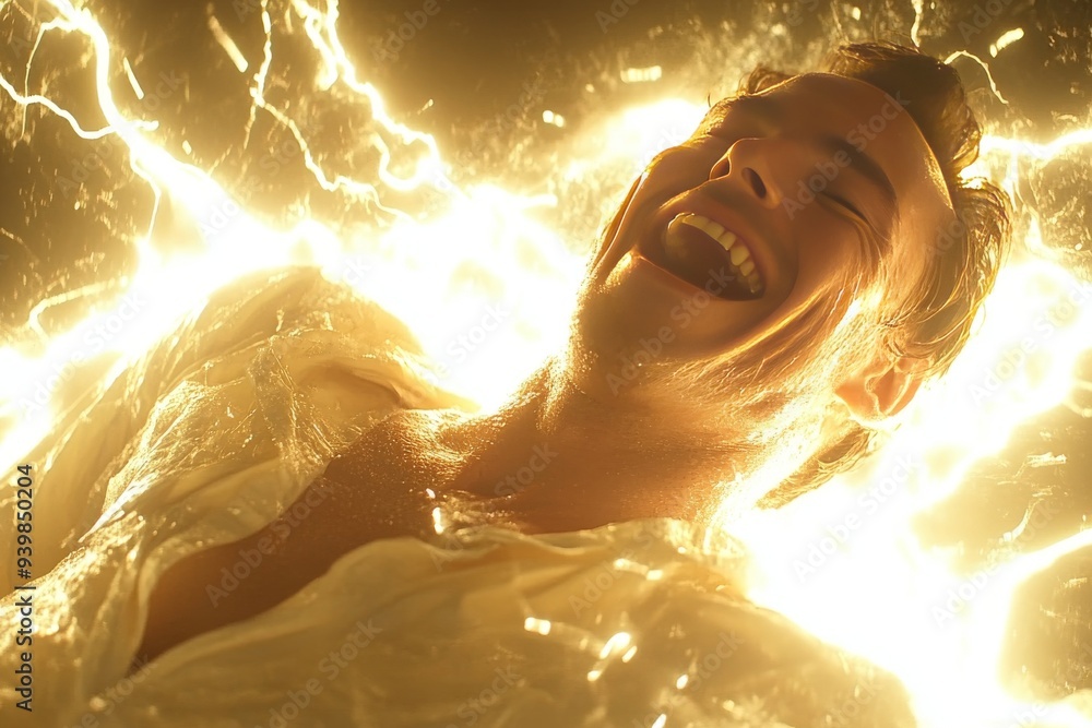 Poster man laughing with explosive energy and glowing neural activity symbolizing joy euphoria and the exhi