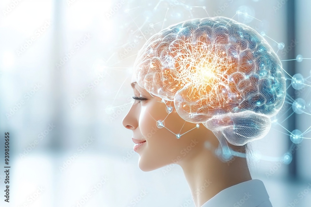 Poster profile of a woman with a glowing brain illustration symbolizing intelligence cognitive power and th