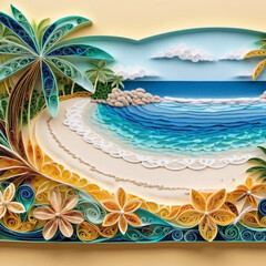 Fototapeta premium Serene beach scene with gentle waves, sandy shoreline, and palm trees casting shadows. The bright colors and soft brushstrokes create peaceful atmosphere. Generated AI. Sunny beach holidays travel