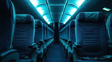Empty Airplane Seats with Blue Ambient Lighting