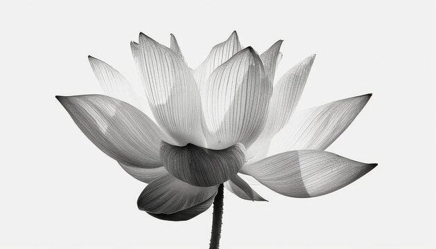 Lotus flower in black white, isolated against a white backdrop, highlighting its delicate petals