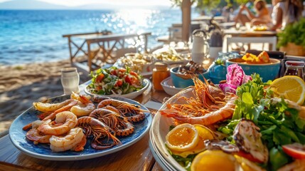 A charming beach restaurant features a colorful table of seafood and salads, perfect for a seaside meal.
