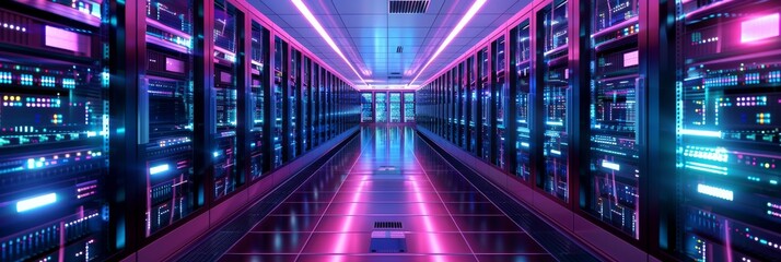Fototapeta premium 3D illustration of a server room a data center with telecommunication equipment, representing big