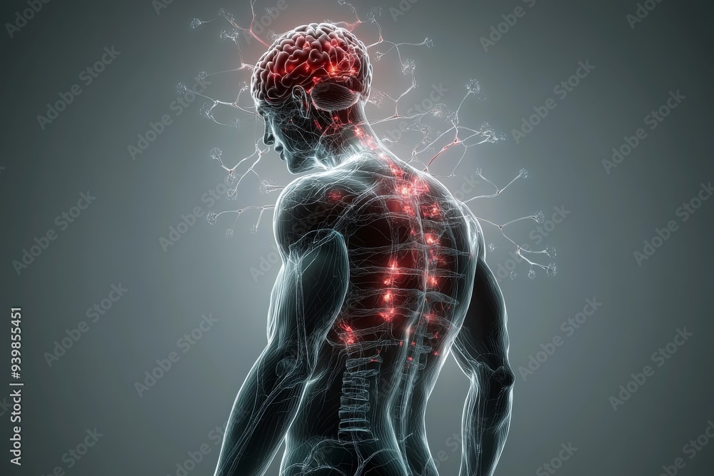 Poster digital rendering of a human body with glowing red neural pathways symbolizing physical strength hea