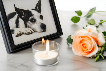 A heartfelt pet memorial setup featuring a framed photo of a dog, a lit candle, and a rose on a light grey table, symbolizing love and remembrance