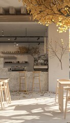 3D render of a stylish cafe restaurant interior, featuring modern furnishings inviting ambiance