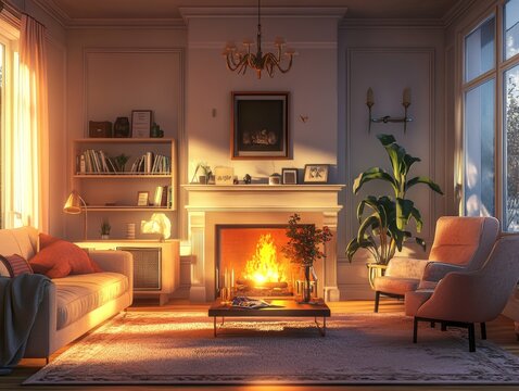Cozy Living Room withWarm Fire and Comfortable Furniture for Relaxation