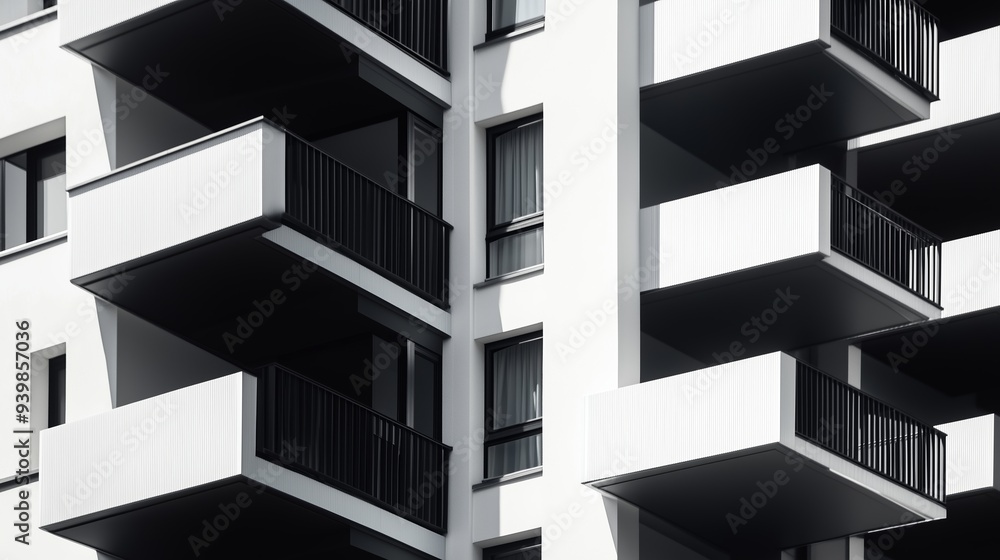 Poster geometric balcony patterns in monochrome highlight urban architecture's dynamic minimalism.