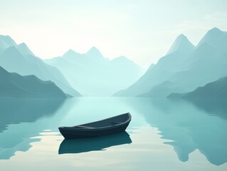 Calm Lake Serenity: A Low Poly 3D Render ofSmall Boat Floating Peacefully