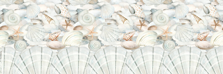 Seamless pattern of beige sea shells, stars and pebbles watercolor illustration. Hand drawn ocean clams clipart for marine and seaside designs in monochrome pastel colors