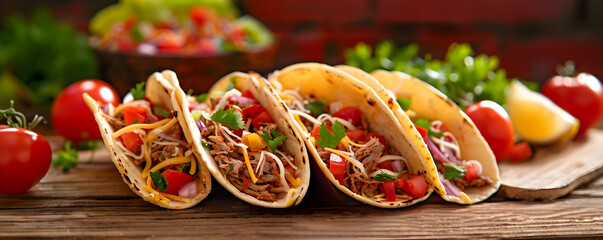 Four tasty tacos filled with fresh ingredients like meat, cheese, and cilantro, served on a wooden board with lime wedges