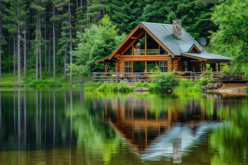 Serene Rustic Log Cabin by Mountain Lake Surrounded by Evergreen Forest in Tranquil Nature Setting, Ideal for Relaxation and Adventure