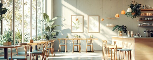 Minimalistic Scandinavian cafe interior design with natural light and modern decor