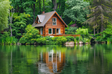 Obraz premium Serene Rustic Log Cabin by Mountain Lake Surrounded by Evergreen Forest in Tranquil Nature Setting, Ideal for Relaxation and Adventure