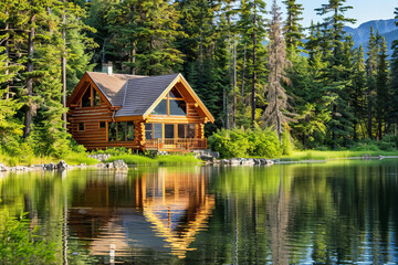 Serene Rustic Log Cabin by Mountain Lake Surrounded by Evergreen Forest in Tranquil Nature Setting, Ideal for Relaxation and Adventure