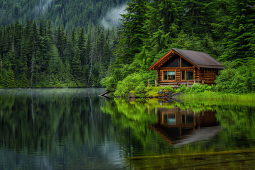 Obraz premium Serene Rustic Log Cabin by Mountain Lake Surrounded by Evergreen Forest in Tranquil Nature Setting, Ideal for Relaxation and Adventure