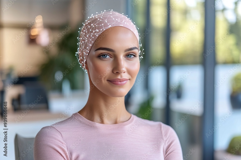Poster portrait of a woman with a neural cap symbolizing the integration of human thought with advanced tec