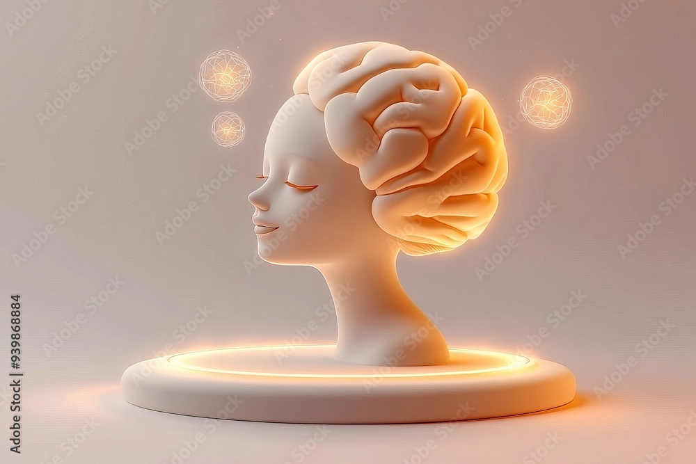 Poster futuristic concept of human cognition with a 3d printed head displaying a stylized brain in soft war