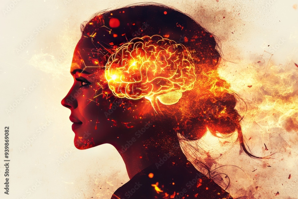 Aufkleber fiery depiction of a womans profile with an explosive brain symbolizing powerful emotions creativity