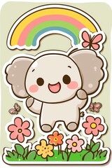 Fototapeta premium Cute Cartoon Elephant with Rainbow and Flowers