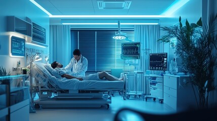 Modern hospital room with a doctor carefully checking the vitals of a patient lying in bed, surrounded by advanced medical equipment, with soft, lighting creating a calm and professional atmosphere.