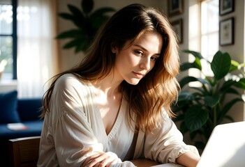 Young beautiful woman working in a bright home office