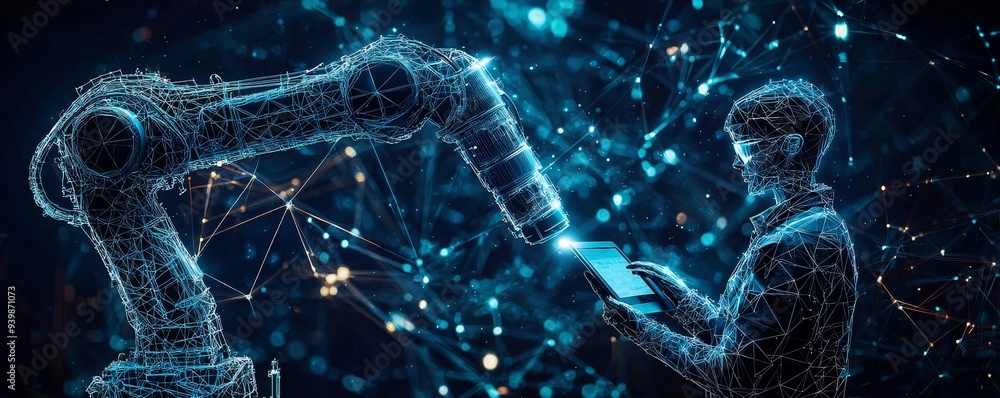Poster engineer operating robotic arm with digital tablet in futuristic smart factory
