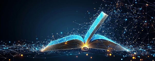Futuristic open book emerging from a laptop with digital network connections and glowing lights