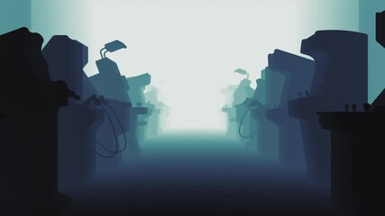 futuristic arcade machine room with The gradient of colors ranging from deep blue to a brighter hue creates an otherworldly ambiance. Seamless Loop video - Powered by Adobe