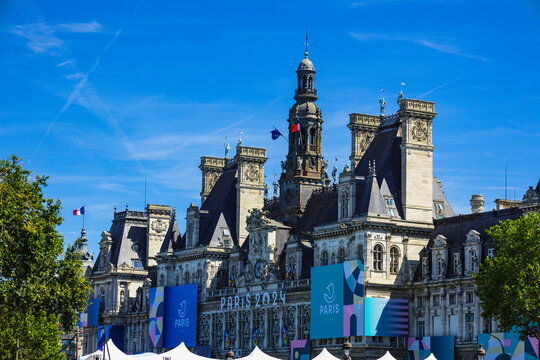 Paris / France - August, 11 2024: Hotel de Ville during the Paris Olympics 2024