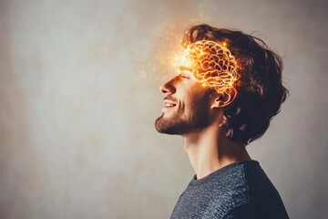 Smiling young man with a glowing brain and illuminated neural connections representing happiness mental clarity and the vibrant energy of positive thoughts in a digital art setting