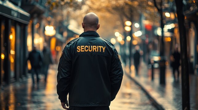 Bald security guard patrolling rainy city street at night. concept of vigilance, safety, and nighttime security.
