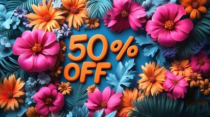 Colorful floral design with "50% off" message for seasonal sales promotion. bright and vibrant advertisement.