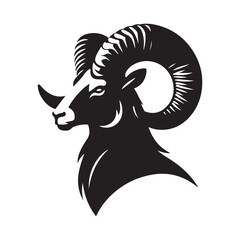 A silhouette ram head with large horns and a long horn, A ram with large horns