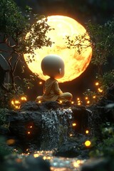 Fototapeta premium Enlightenment by Moonlight A Monk Meditates by a Waterfall