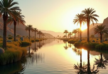 Obraz premium Sunset Oasis with Palm Trees and Rugged Mountains