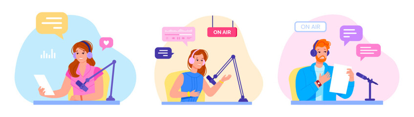 Radio presenters. Broadcast entertainment presenter characters record voice in microphone at broadcasting station media studio man and woman audio speaker vector illustration
