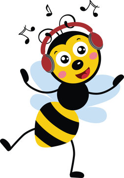 recommend clip art: Cute bee listening music with headphones