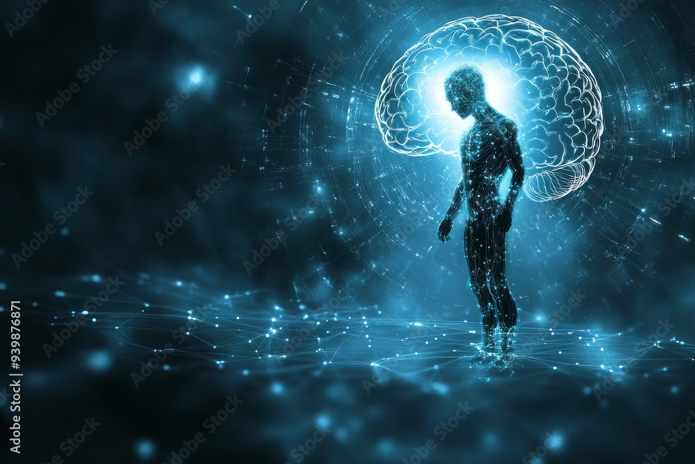 Poster silhouette of a person with a glowing brain and digital connections symbolizing the integration of t